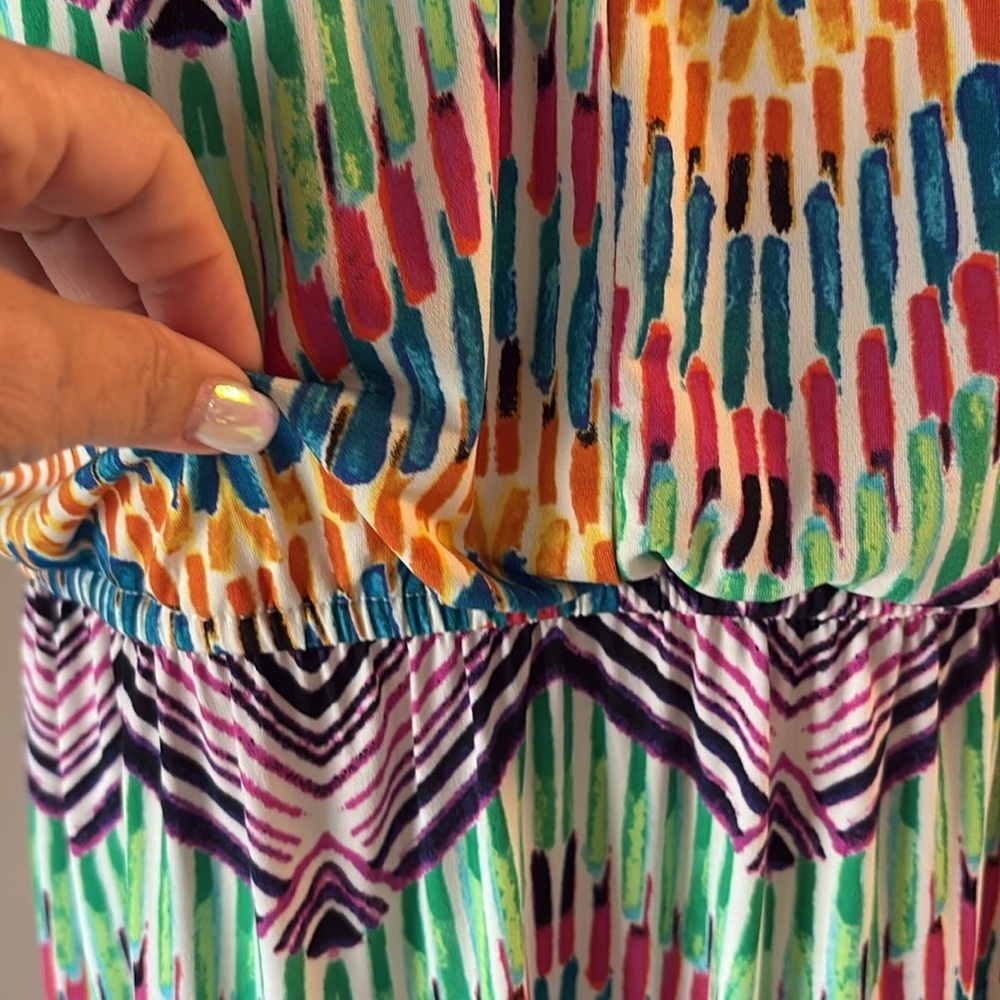 Multicolor Chevron Maxi halter summer Dress  blouson very stretchy L - Picture 3 of 8